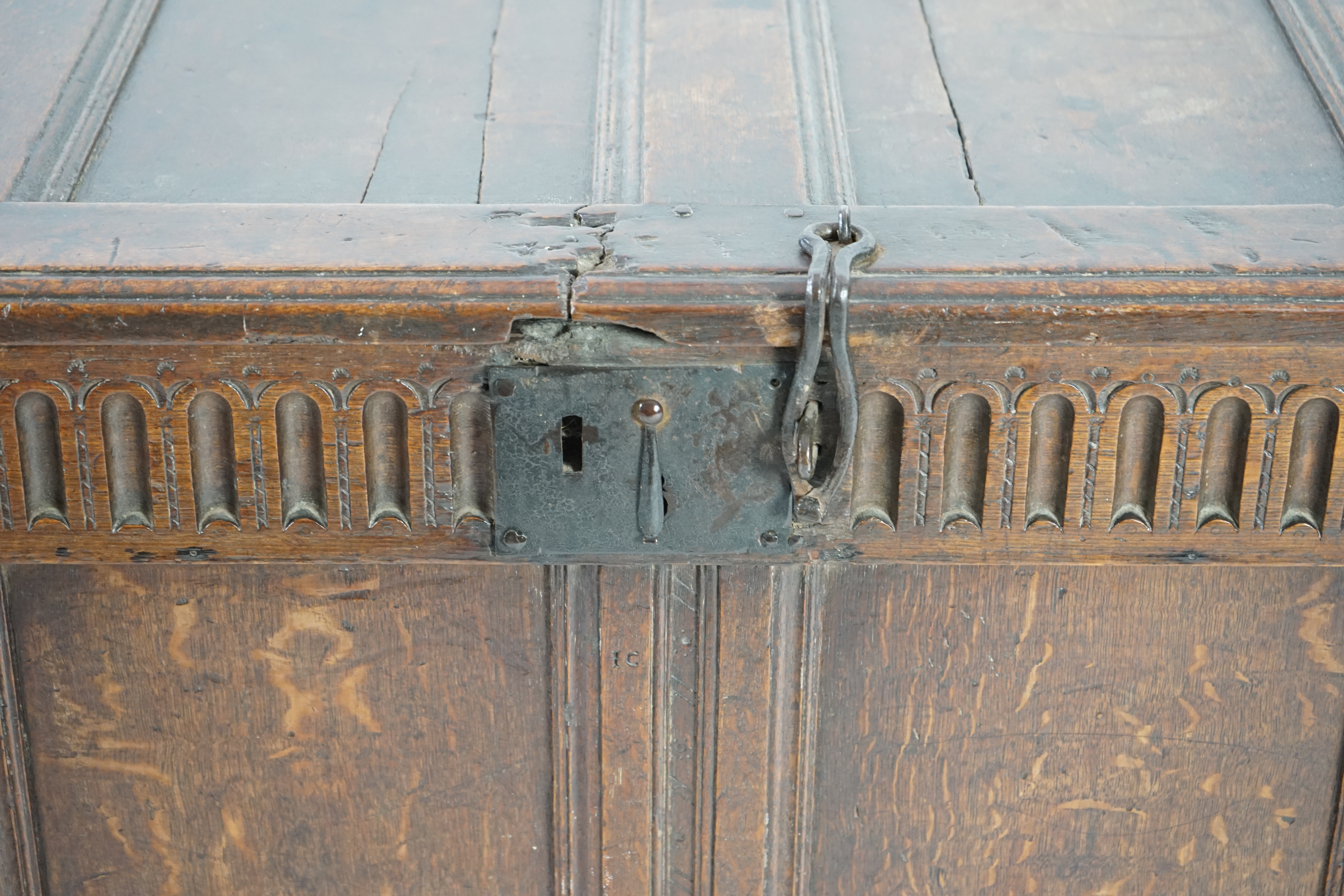 A 17th century panelled oak coffer